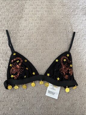 Black Sequin & Star Triangle Bralette with Gold Coin Trim